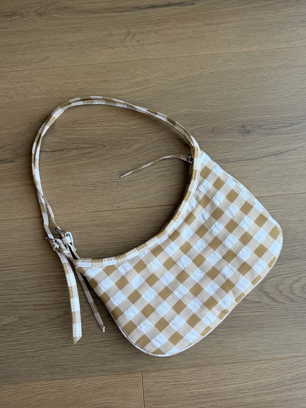 Zara Beige White Gingham Crescent Shoulder Bag